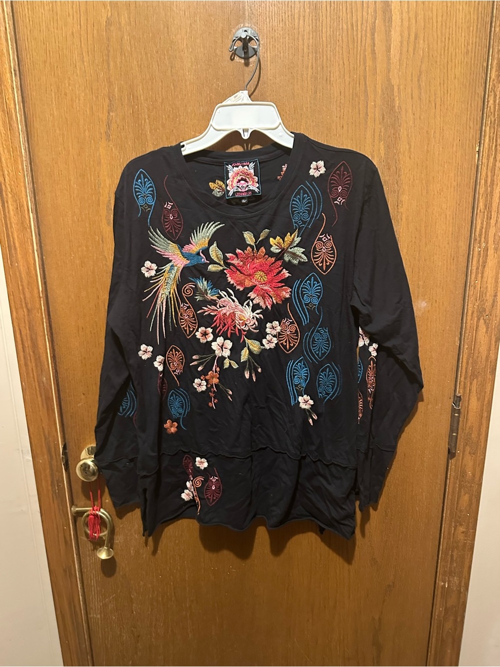 Johnny Was Black Long-Sleeve Top with Multicolor Floral & Bird Embroidery